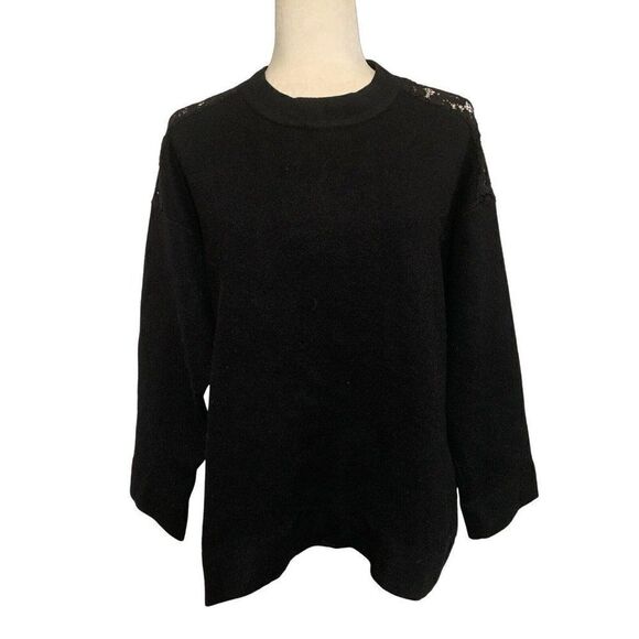 Zara knit womens solid black lace long sleeve oversized sweater top small - Picture 1 of 4